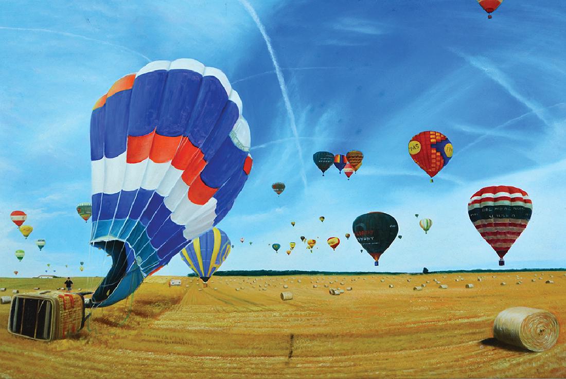 Shay Kun b. 1974: Hot Air Balloons, 2012, Oil on canvas, 65X100 cm. Signed and dated on the reverse.