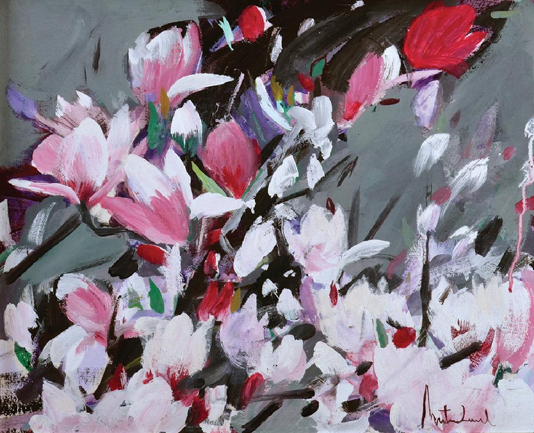 Romul Nutiu 1932 - 2012: Magnolia, Oil on canvas, 49X60 cm. Signed. Art Galleria Timisoara sticker attached to the reverse.