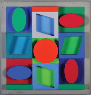 Viktor Vasarely 1908 - 1997: Turkiz positif, 1967, Painted wooden relief, 36X38 cm. Signed, dated and numbered 13/50.