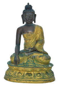 A PARCEL GILT REPOUSSE COPPER FIGURE OF BUDDHA: Sino-Tibet, 18th/19th century Seated in lotus position on a lots leaf base, his right hand in bhumisparsha mudra, the left palm facing upwards 22 cm high Provenance: Fragman Family Collection