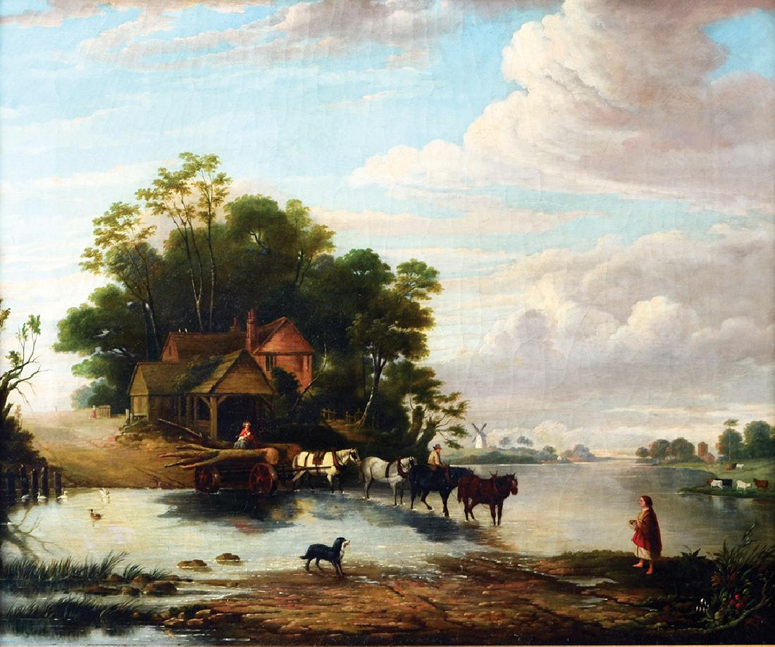 UNKNOWN ARTIST: Landscape with Horses and Wagons (in the manner of John Constable) Oil on canvas 75 x 64 cm