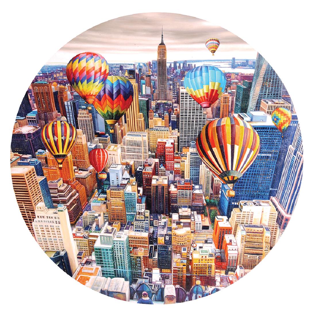 Shay Kun b. 1974: Baloons Flying above New York, 2017, Oil on canvas, Diameter: 102 cm. Signed and dated on the reverse.