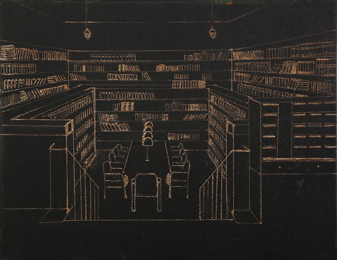 Gil Marco Shani b. 1968: Library, Oil and permanent markers on canvas, 33X43 cm. Signed and titled on the reverse.