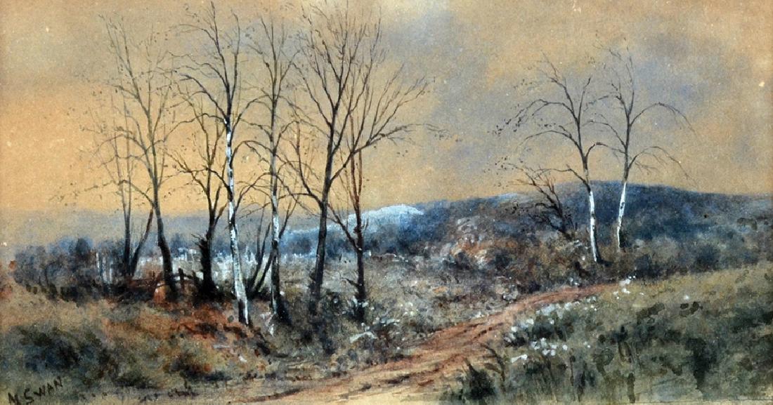 John Swan: Trees by the Pathway, acrylic on paper, 12x23 .Signed