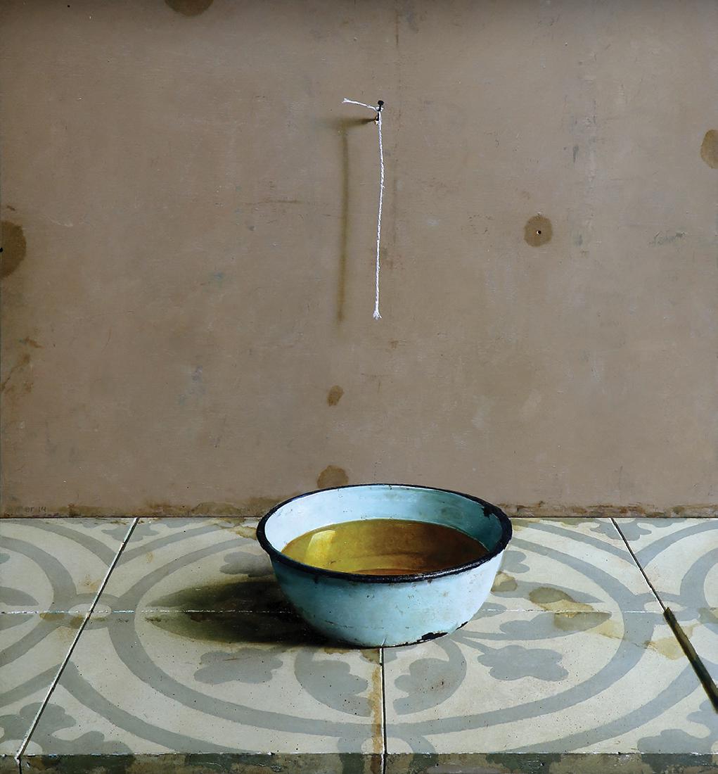 Eran Reshef b. 1964: Seepage, 2014, Oil on wood, 55X50 cm. Signed. Titled and dated on the reverse.