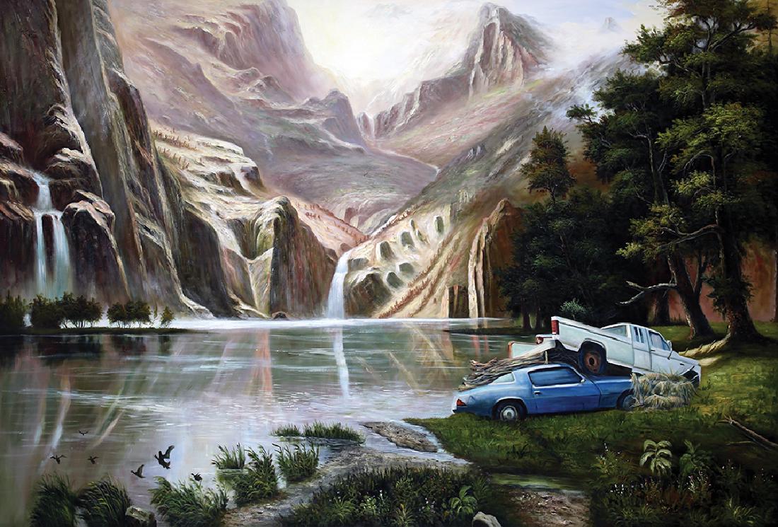 Shay Kun b. 1974: Cars by the Lake, 2008, Oil on canvas, 121X182 cm. Signed and dated on the reverse.
