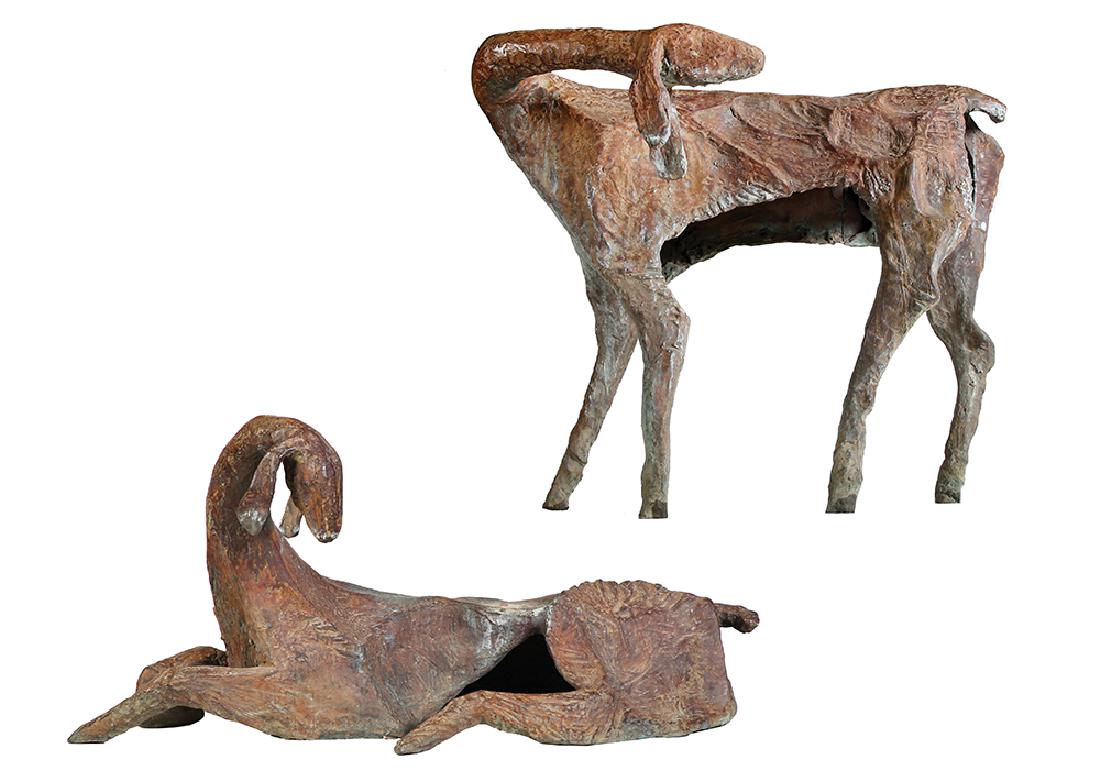 Eran Shakine b. 1962: Pair of Goats, Bronze, Height: 78 cm + 53 cm. Both sculptures are signed and numbered 3/10.