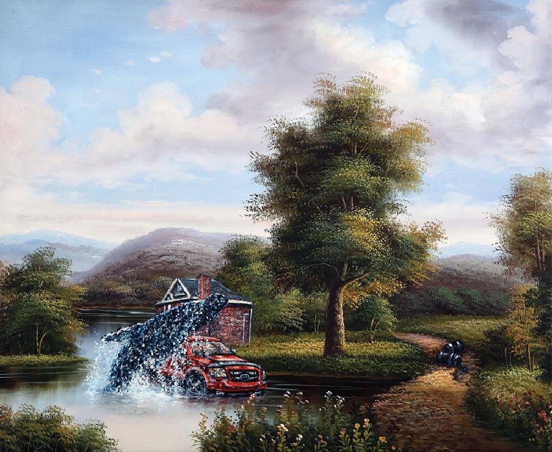 Shay Kun b. 1974: Car and Whale in the background, 2007, mixed media on canvas, 49x59 cm, signed and dated verso.