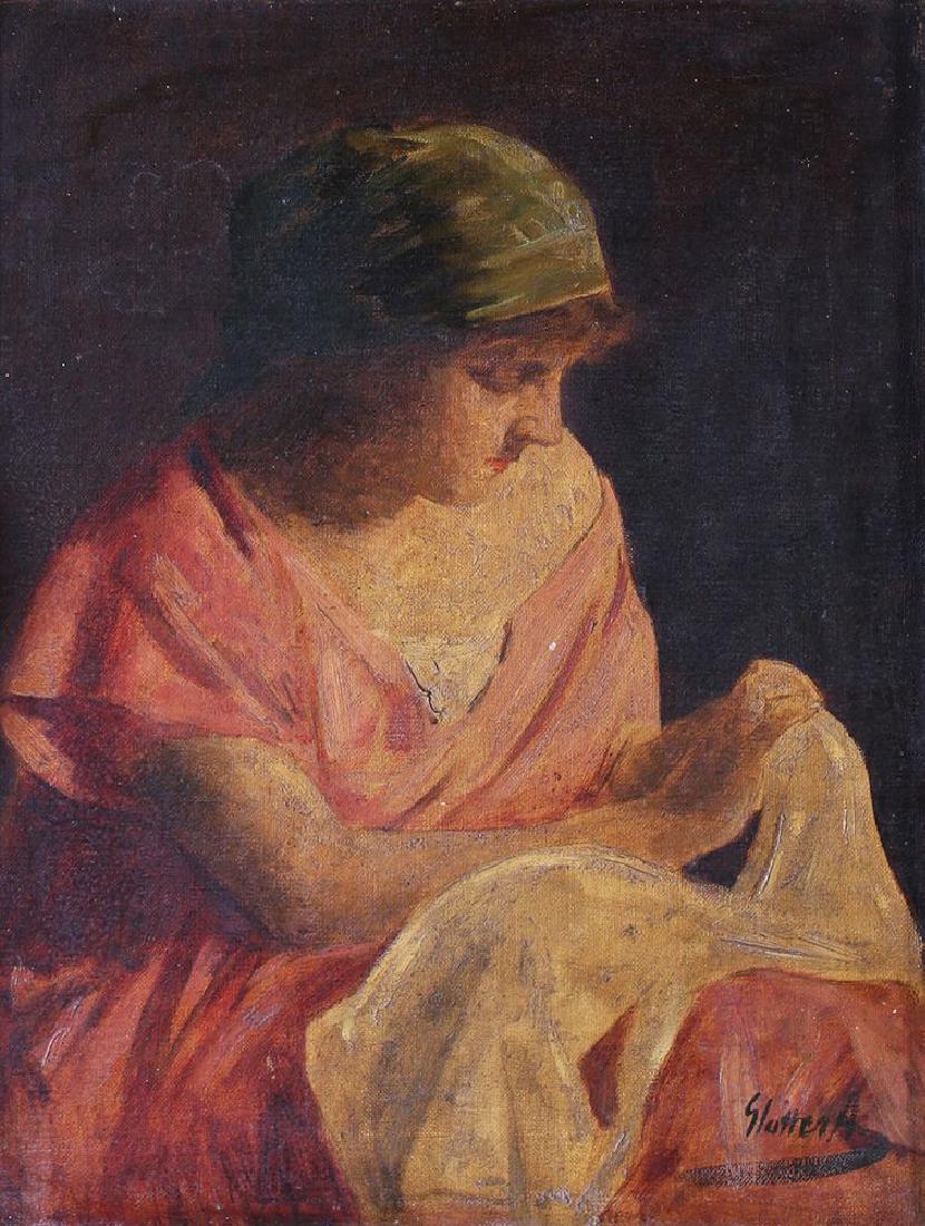 ARMIN GLATTER 1861-1931: Female Figure Sewing Oil on canvas Signed A. Glatter 44x33 cm