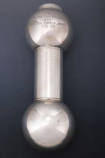 A STERLING SILVER COCKTAIL SHAKER: In the form of a hand weight, inscribed and dated 1945 30 cm long Approx. 790 grams