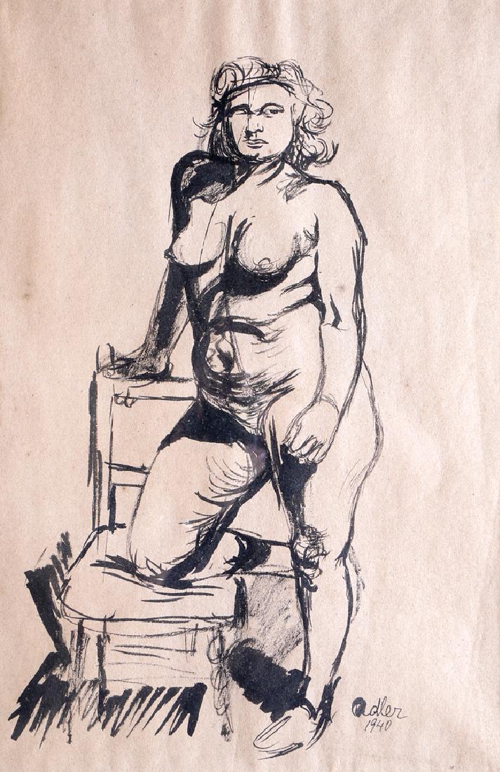 Jankel Adler 1895 - 1949: Nude Girl, 1940, Ink on paper, 53x35 cm, Signed and dated. Provenance: Aviva Schneider Collection.