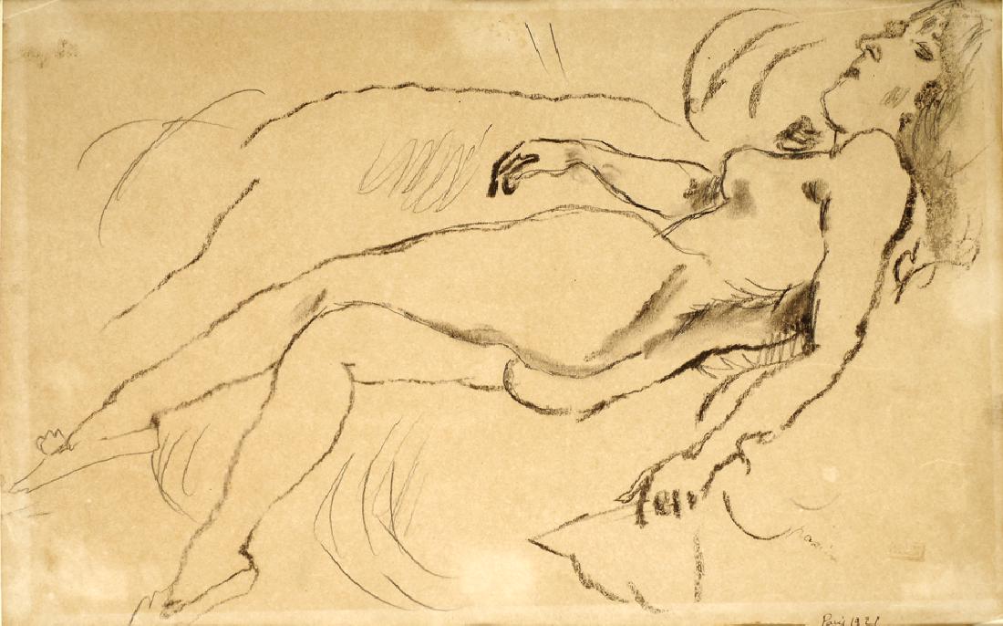 Jules Pascin 1885 - 1930: Nude Girl, 1921, Charcoal on paper, 26x38 cm, Signed and dated, stamped.