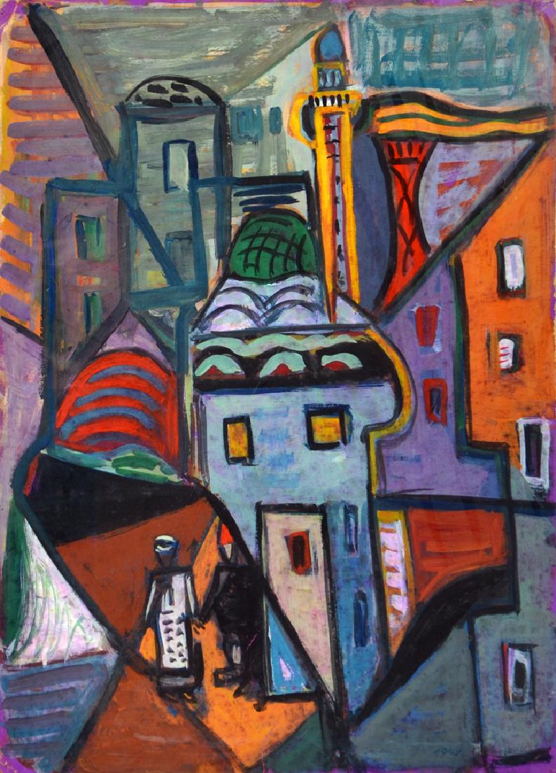 Pinchas Abramovich 1909 - 1986: Figure in the Street, 1949, watercolor and gouache on paper, 50x35 cm, Signed and dated. Provenance: Gaby and Ami Brown Collection.