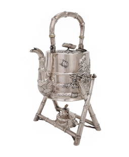 A CHINESE EXPORT SILVER HOT WATER KETTLE: Hong Kong, circa 1900-1930 Bamboo form hinged handle, the kettle applied with bamboo leaves, on a bamboo form stand, includes warmer Kettle marked 'Yuan Shun Sterling'; the stand marked 'Wai Kee Sterl