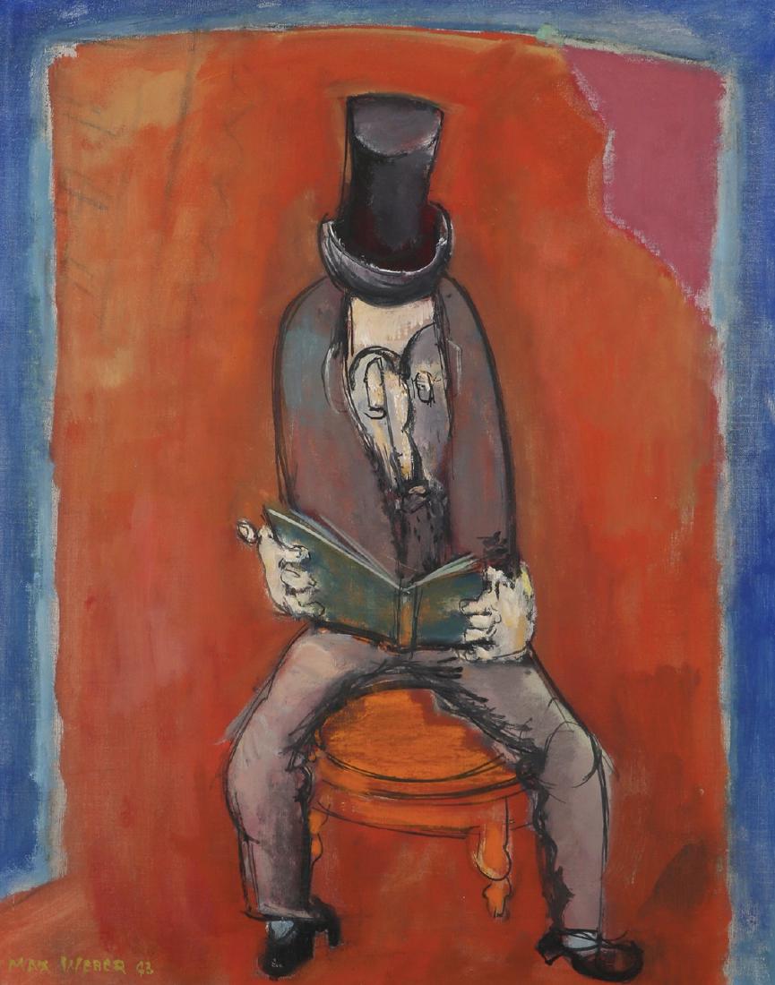 Max Weber 1881 - 1961: Shabbat Reading, 1943, Oil on canvas, 62X48.5 cm. Signed and dated.