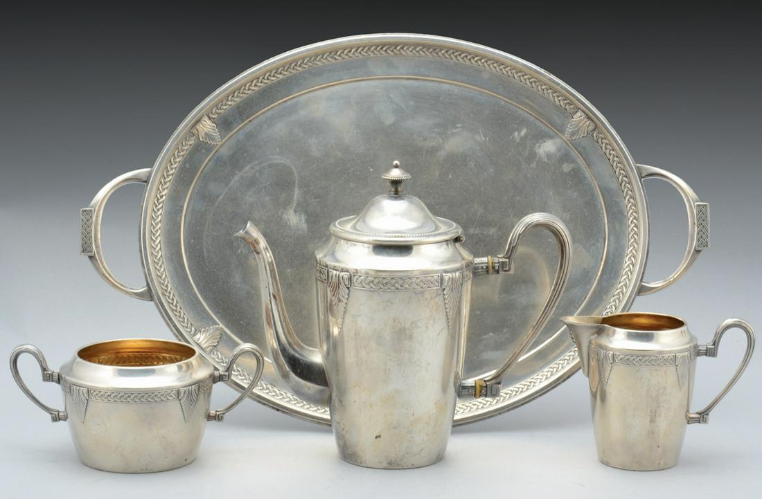 A WMF ART-DECO COFFEE SET: .Circa 1920 Comprising; a coffee pot, creamer, sugar bowl and tray Marked