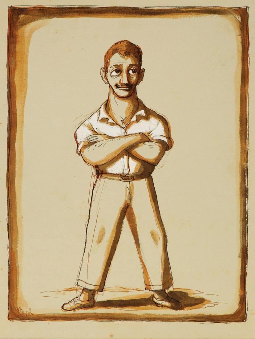 Shraga Weil (Israeli): A Fellow, Series of Figures in the Kibbutz, 1948, Gouache and ink on paper, 30X23 cm. Signed and dated.