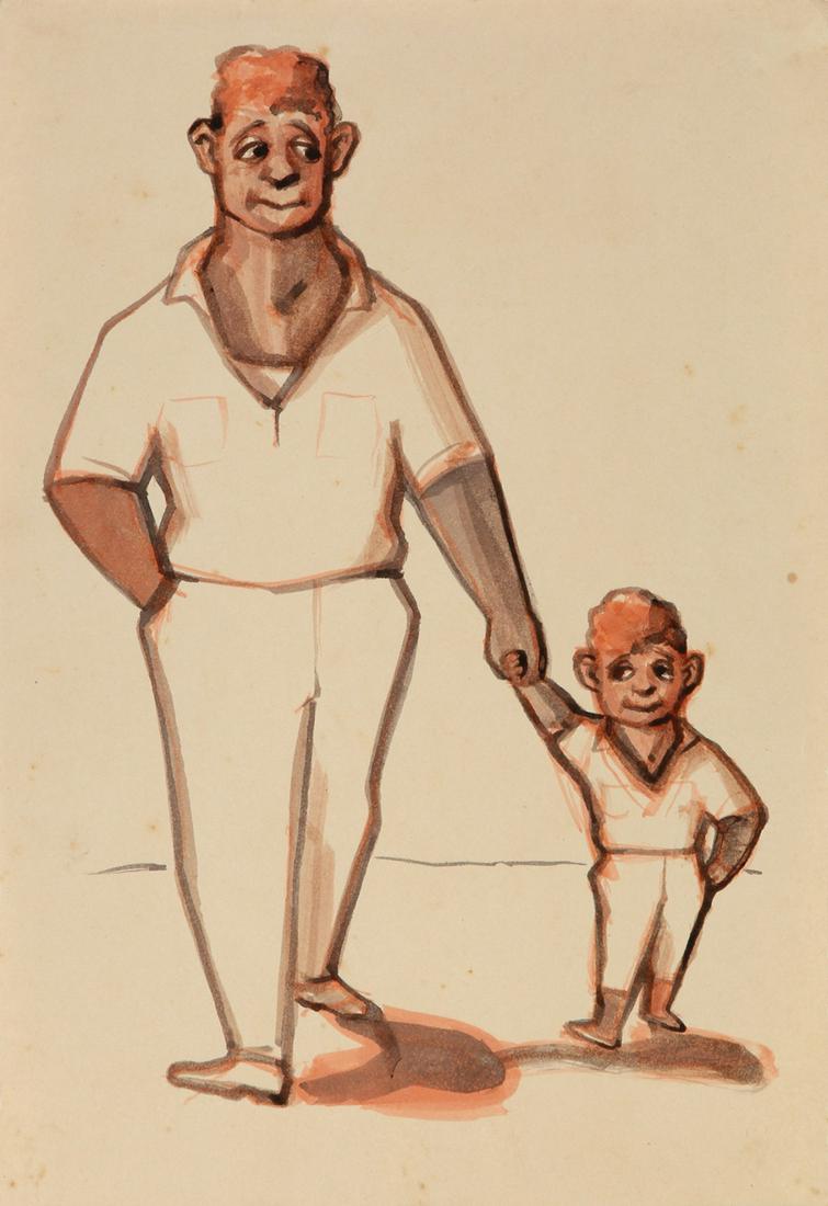 Shraga Weil (Israeli): Fathers and Sons Series, 1948, Watercolor on paper, 29X20 cm, Signed by the artist's stamp.