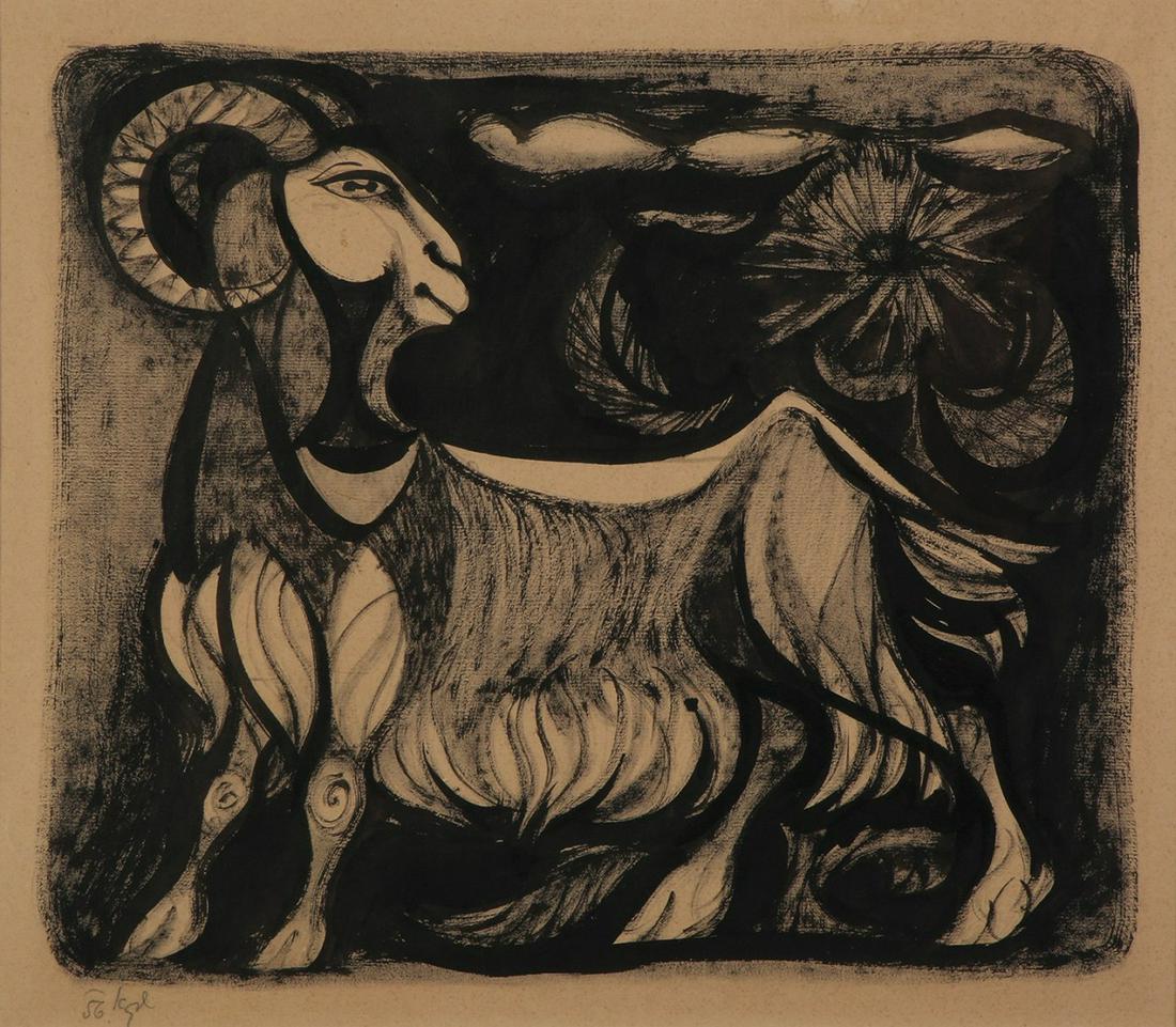 Shraga Weil (Israeli): Deer, 1956, Ink on paper, 39X44 cm. Signed and dated. From the book of Song of Songs, The 1958 Workers Library, photographed twice.