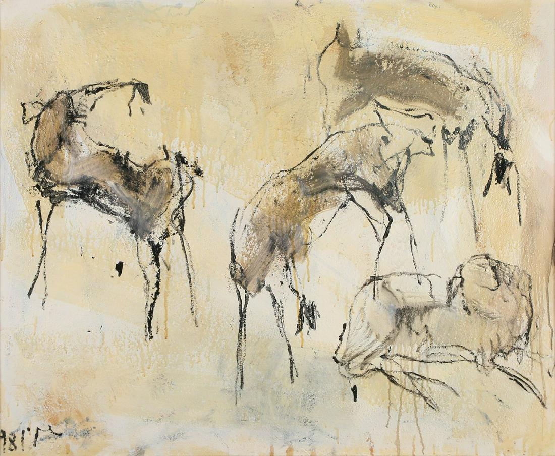 Eran Shakine (Israeli): Goats, 1998, Oil and mixed media on canvas, 95X115 cm. Signed and dated.