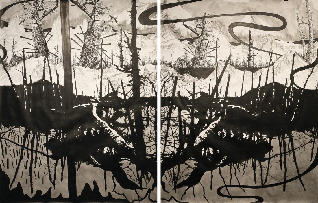 Yehudit Sasportas: Diptych: The Knowledge that you Wish, 2007,Ink on Paper, 200X150 cm. each.Signed, titled and dated on the reverse.