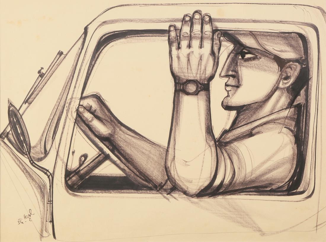 Shraga Weil: The Driver, 1954,Marker on paper,46X60 cm.Signed and dated. Provenance: Estate of Shrage Weil.