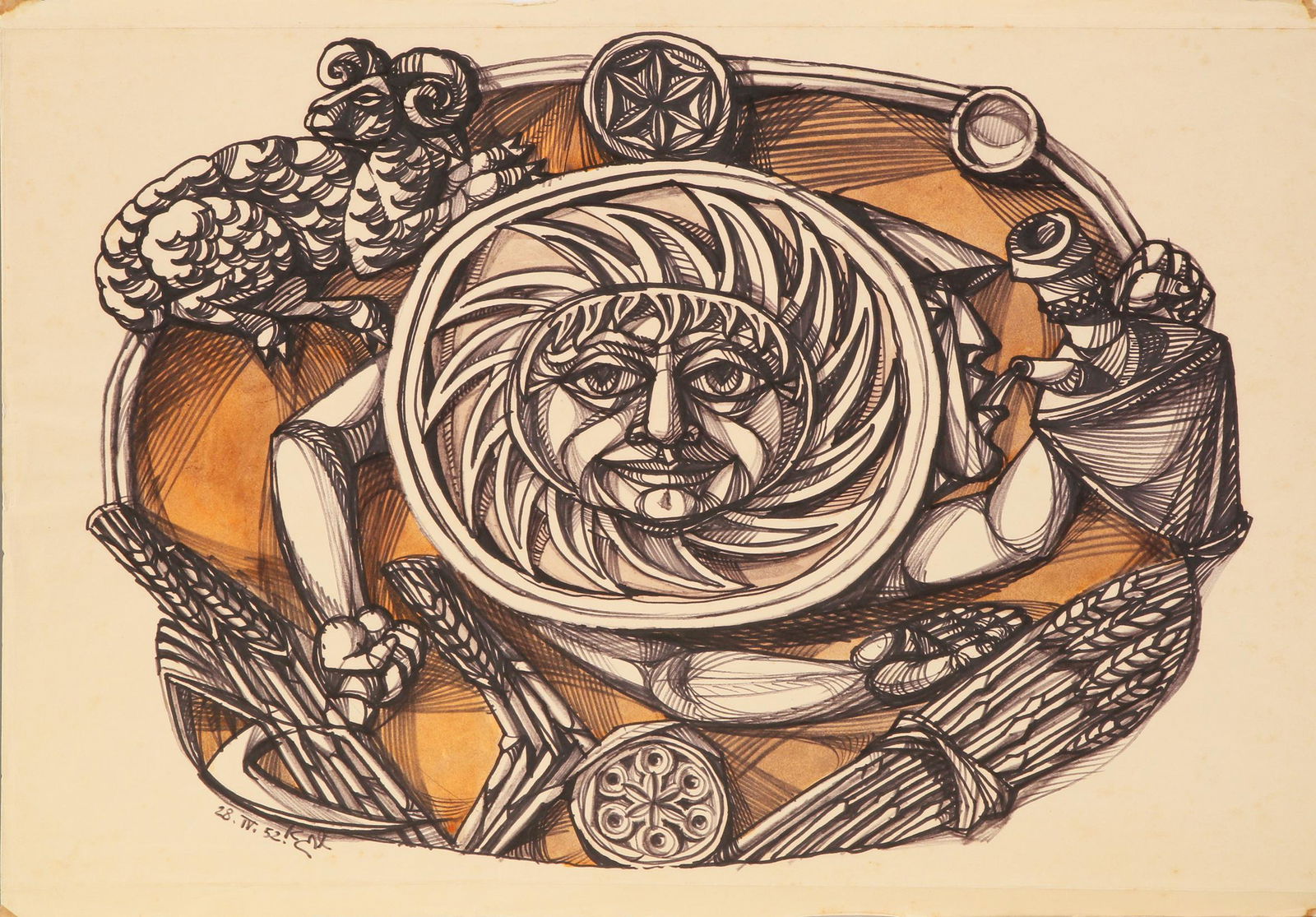 Shraga Weil: Sun, 1952,Marker and watercolor on paper,35X50 cm.Signed and dated. Provenance: Estate of Shrage Weil.