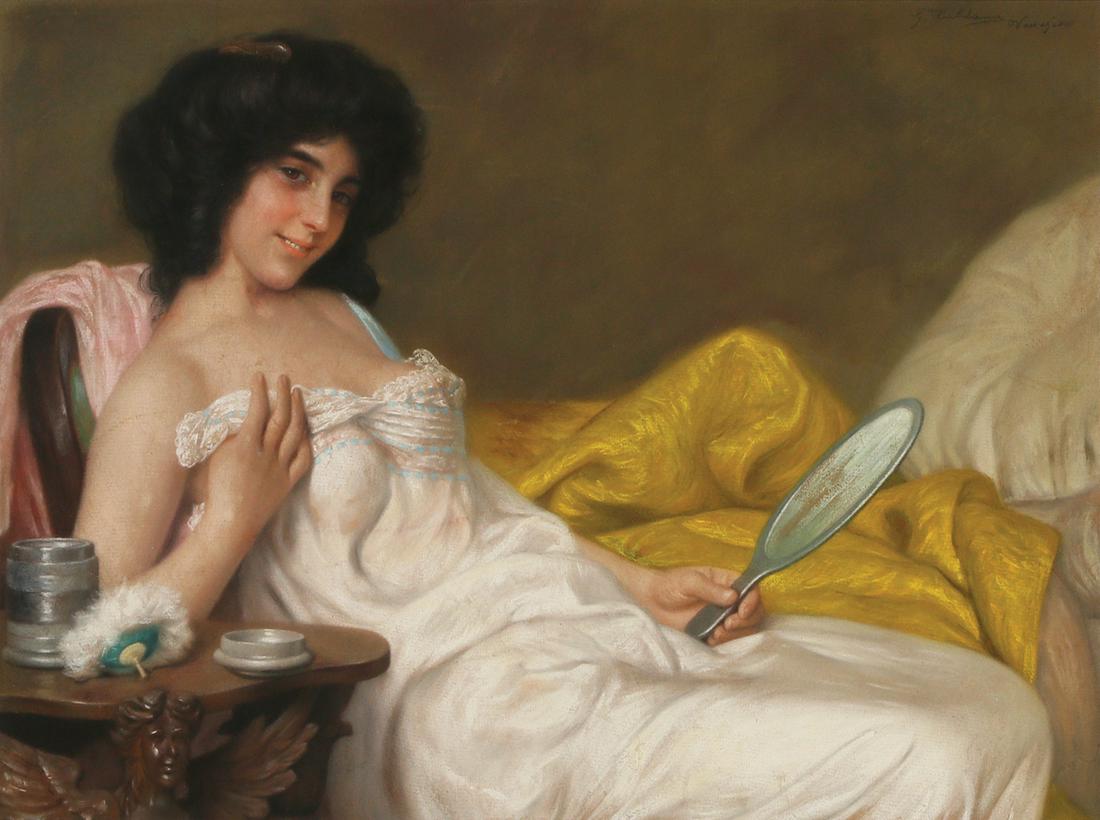Unidentified Artist: Female in bed,pastel on paper, 49X69 cm,Signed and titled Venice.