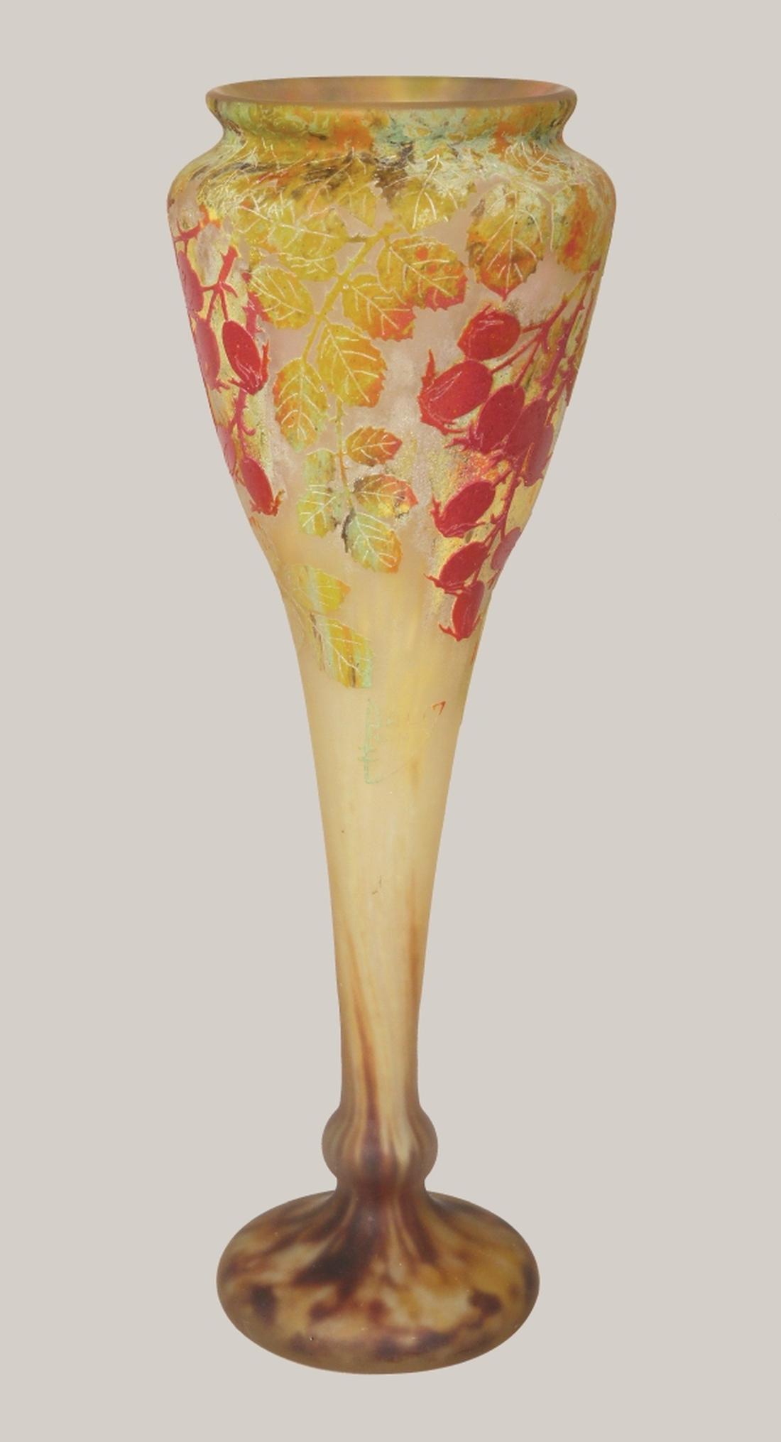 A DAUM NANCY CAMEO GLASS VASE: France, c. 1910. Cameo and enamel decoration. Cameo mark Daum Nancy with Cross of Lorraine. 39.5 cm highProvenance: Estate of Adv. Hanan Shanon