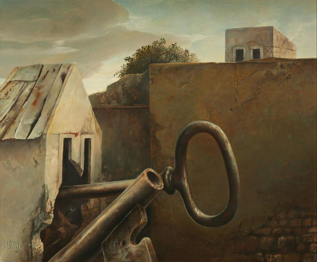 Samuel Bak: Houses and Key,Oil on canvas, 38X46 cm.Signed.Provenance: Collection of Talma & Eliezer Levin, Savyon.