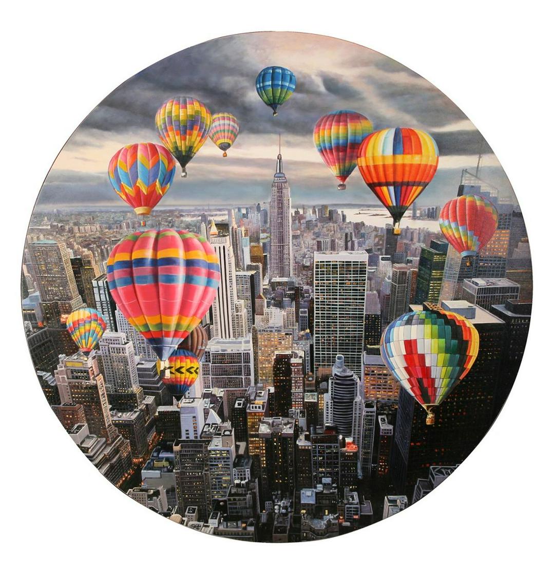 Shay Kun: Air Balloons over New York,Oil on canvas, diameter: 160 cm.Signed.
