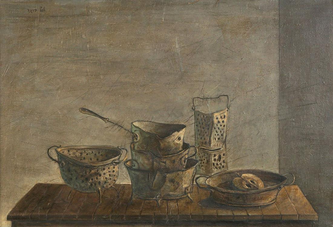 Yosl Bergner: Graters and Half an Apple,Oil on canvas, 50X73 cm.Signed.
