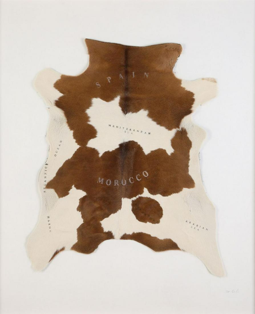 Yuval Shaul: World Map, 1999, Mixed media on cow leather, 110X90 cm,Signed and dated. Signed, titled and dated on the reverse.