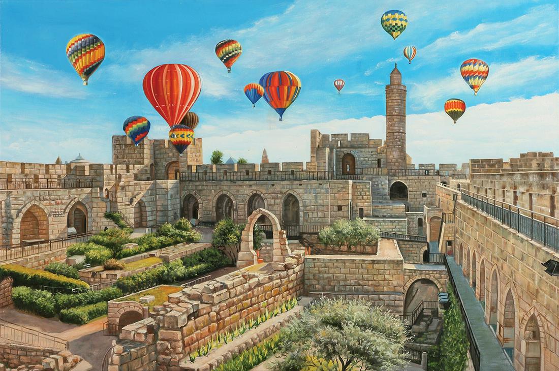 Shay Kun: Balloons Over the Old City, Oil on canvas, 80X122 cm. Signed on the reverse.