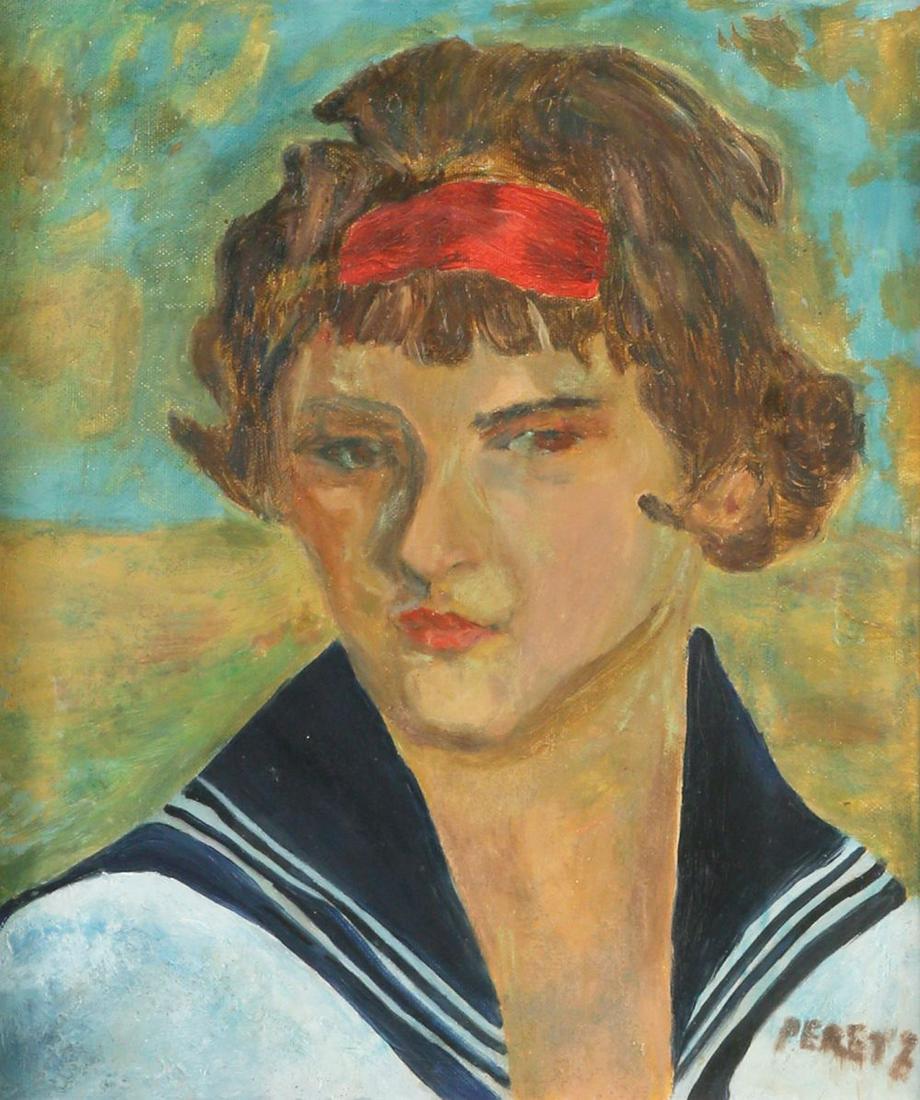 Attributed to David Peretz: Girl with a Red Ribbon, Oil on cardboard, 41X33 cm, Signed.