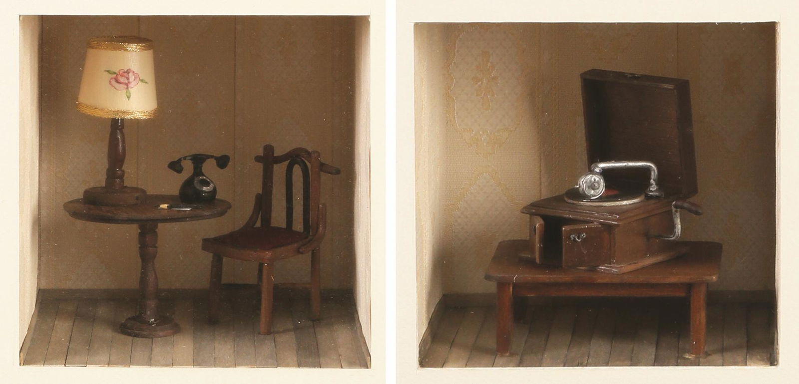 Zoya Cherkassky and Ruthi Nemet: Lot of 2 Works: Record Player, Room with chair and table, 2001, model in 3D, 13X13 cm (35X35 cm. Including the box) Depth 10 cm, (39X38 cm. Including the box) 17X16 cm. Depth 15 cm. Signed and dated o