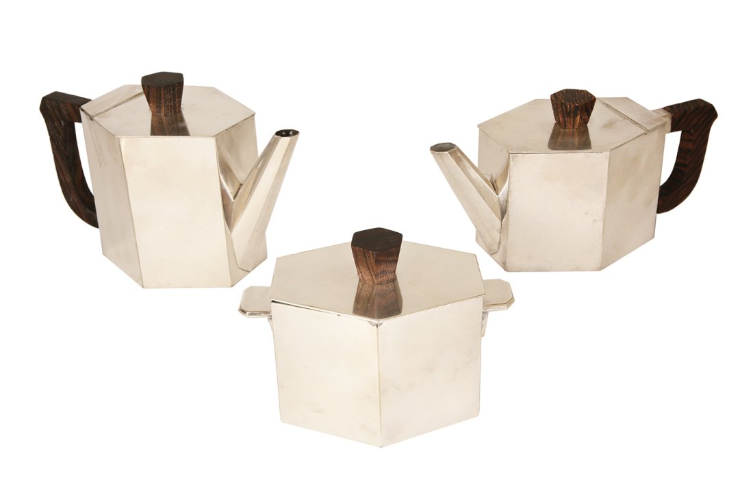 AN ART DECO STYLE SILVER AND WOOD TEA SET (1 of 1)
