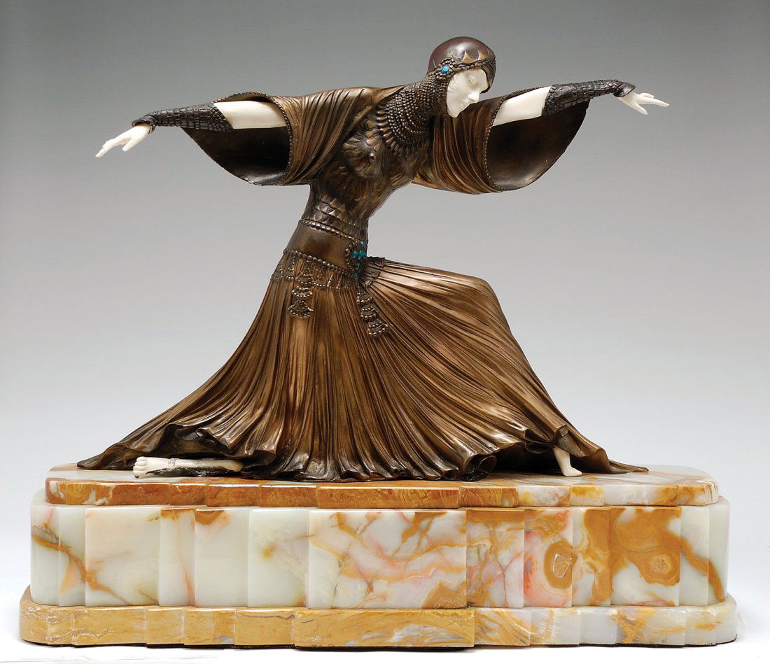 A BRONZE AND MARBLE FIGURE AFTER â€˜CLARAâ€™ BY DEMETRE CHIPARUS: Marked. 54.5 cm high, 63 cm long