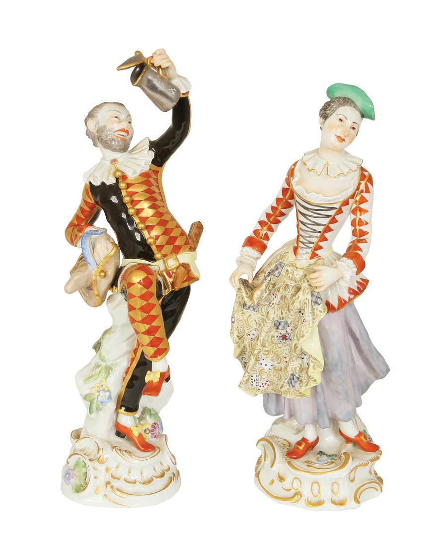 A PAIR OF MEISSEN PORCELAIN FIGURES OF HARLEQUIN WITH LIDDED POT AND COLUMBINE (1 of 1)