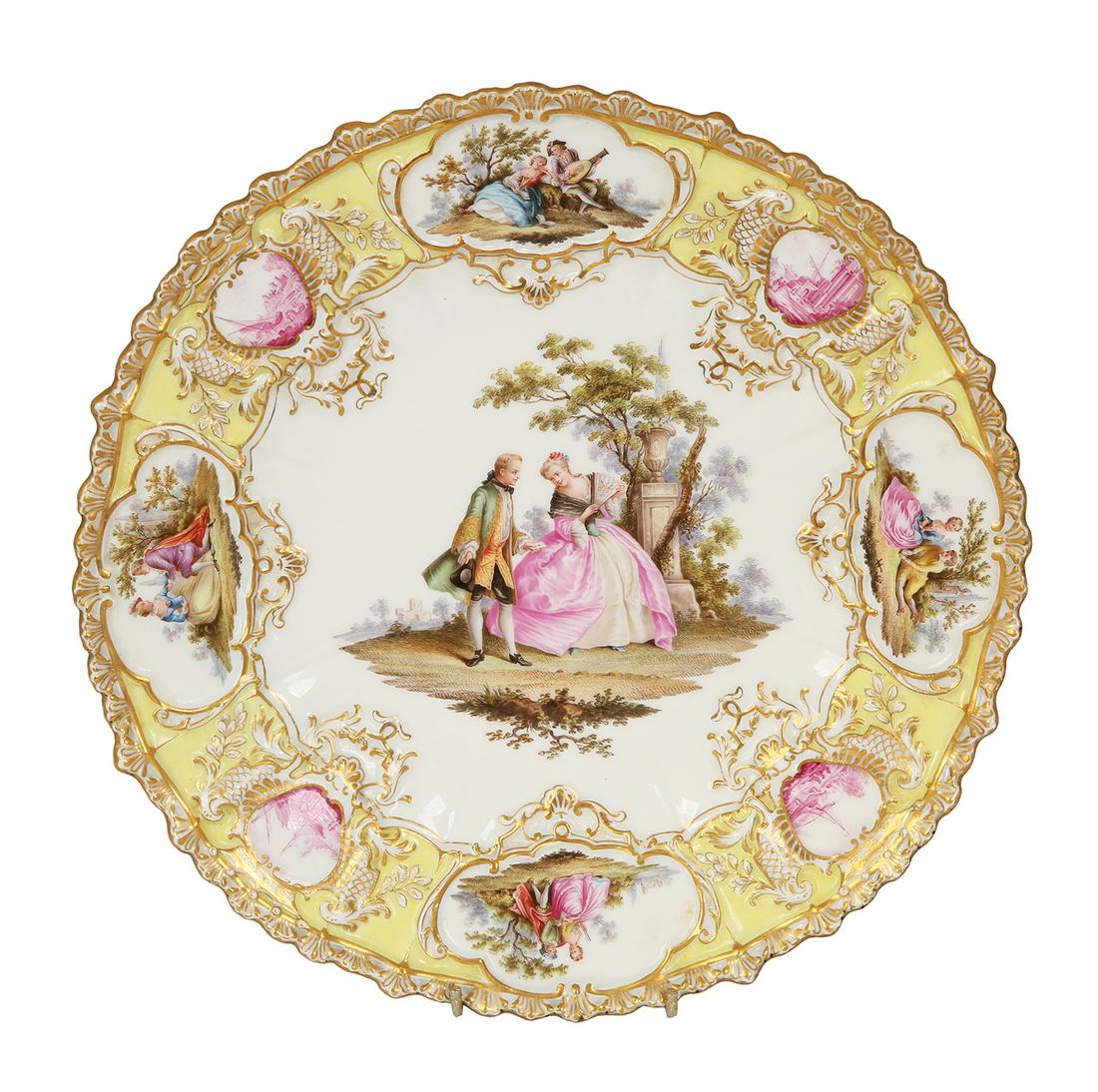 A RARE MEISSEN PORCELAIN DECORATIVE PLATE PAINTED IN THE MEISSEN FACTORY: Germany, c. 1880. Blue crossed swords mark, impressed and etched model nos. 23.5 cm diameter