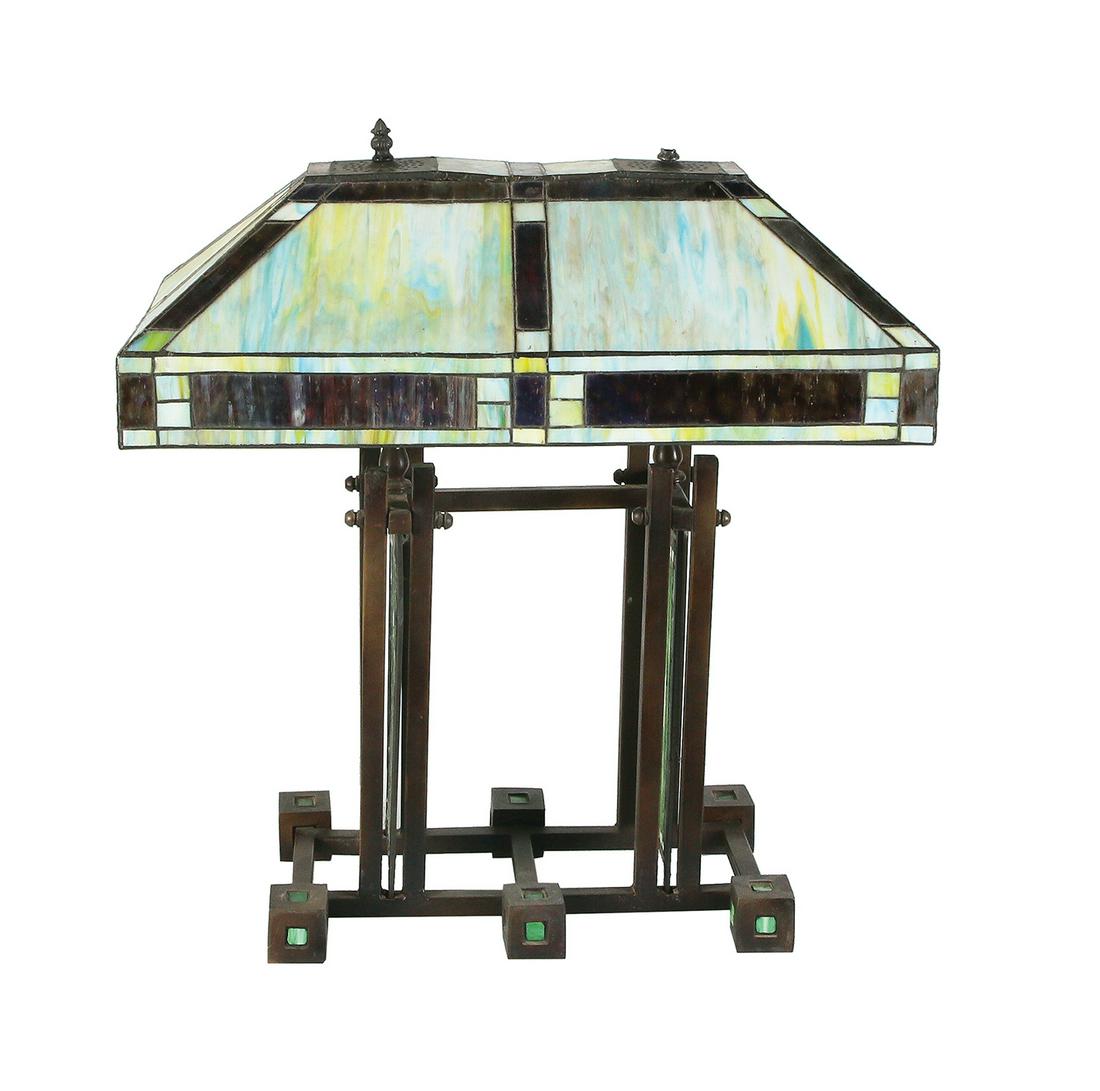 AFTER FRANK LLOYD WRIGHT BRONZE AND GLASS LAMP (1 of 2)