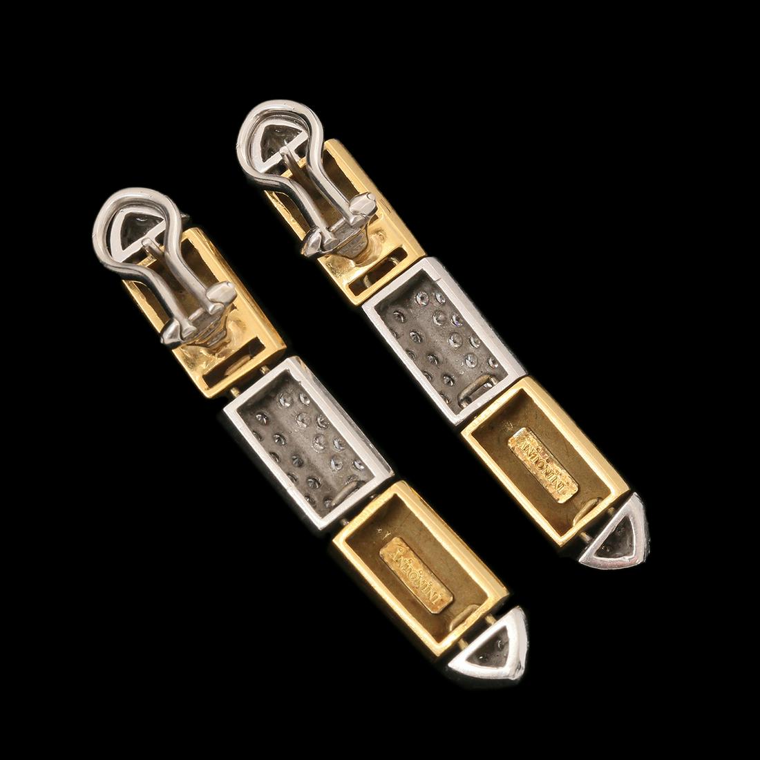 A PAIR OF 18K WHITE AND YELLOW GOLD EARRING: set with diamonds with a total weight of approx. 1.00 ct. Length approx. 5 cm. Weight approx. 22 gm. Signed ANTONINI