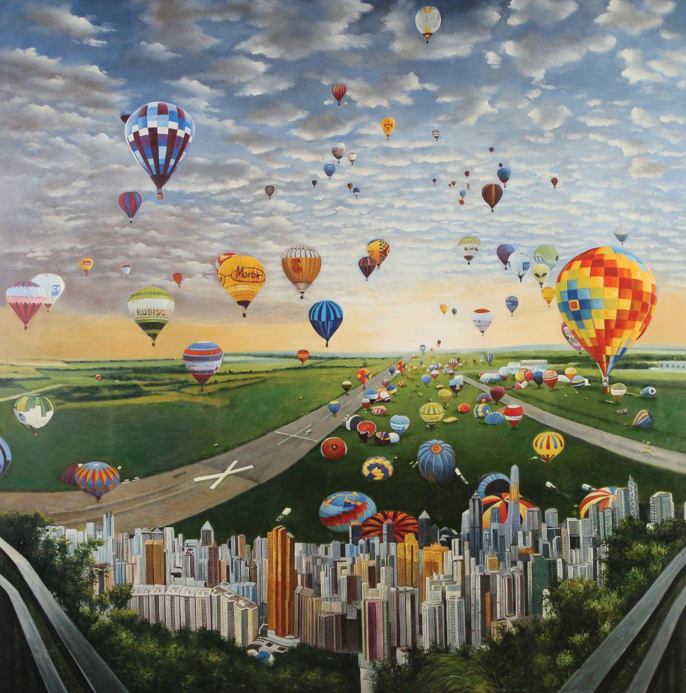 Shay Kun: Hot Air Balloons Over the City, 2011-12,Oil on canvas, 183x182 cm.Signed and dated on the reverse.