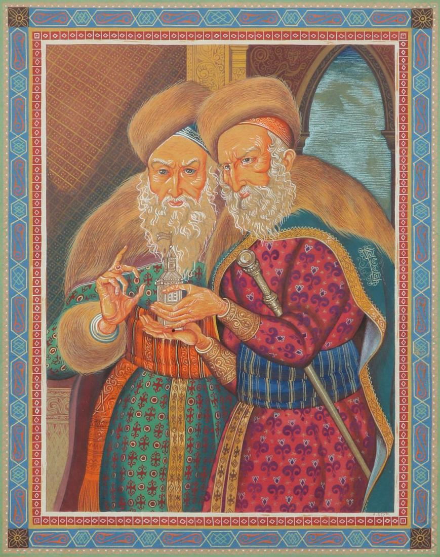 Arthur Szyk: Rabbis with Perfumes for the Torah, Tempera on paper, 27X22 cm.Signed.