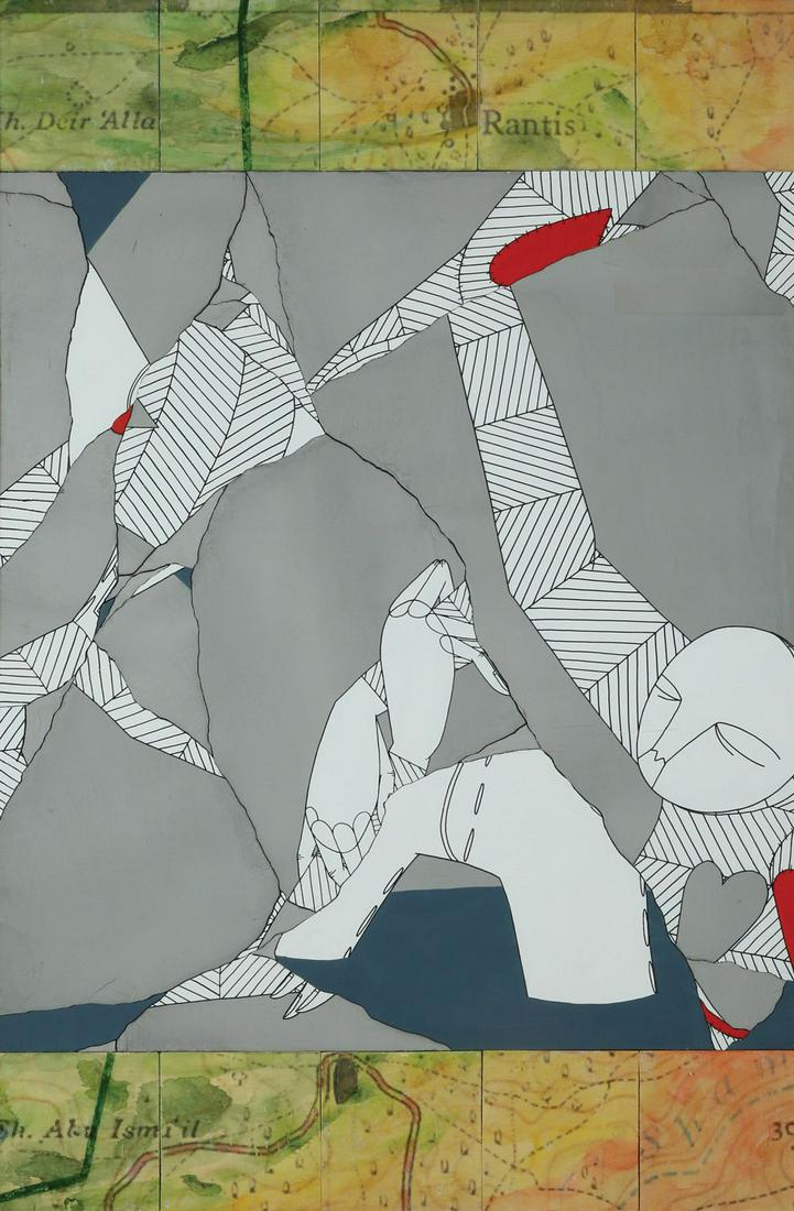 Know Hope - Addam Yekutieli: Figure and A Map, 2022,Mixed technique on plywood squares,110X70 cm.Signed and dated on the reverse.