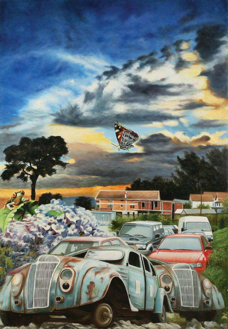 Shay Kun: Butterfly Over the City,Oil on canvas, 180x120 cm.Signed. Signed on the reverse.