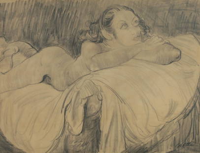 Jacob Epstein: Girl in Bed, Charcoal and pencil on paper, 44x58 cm. Signed.