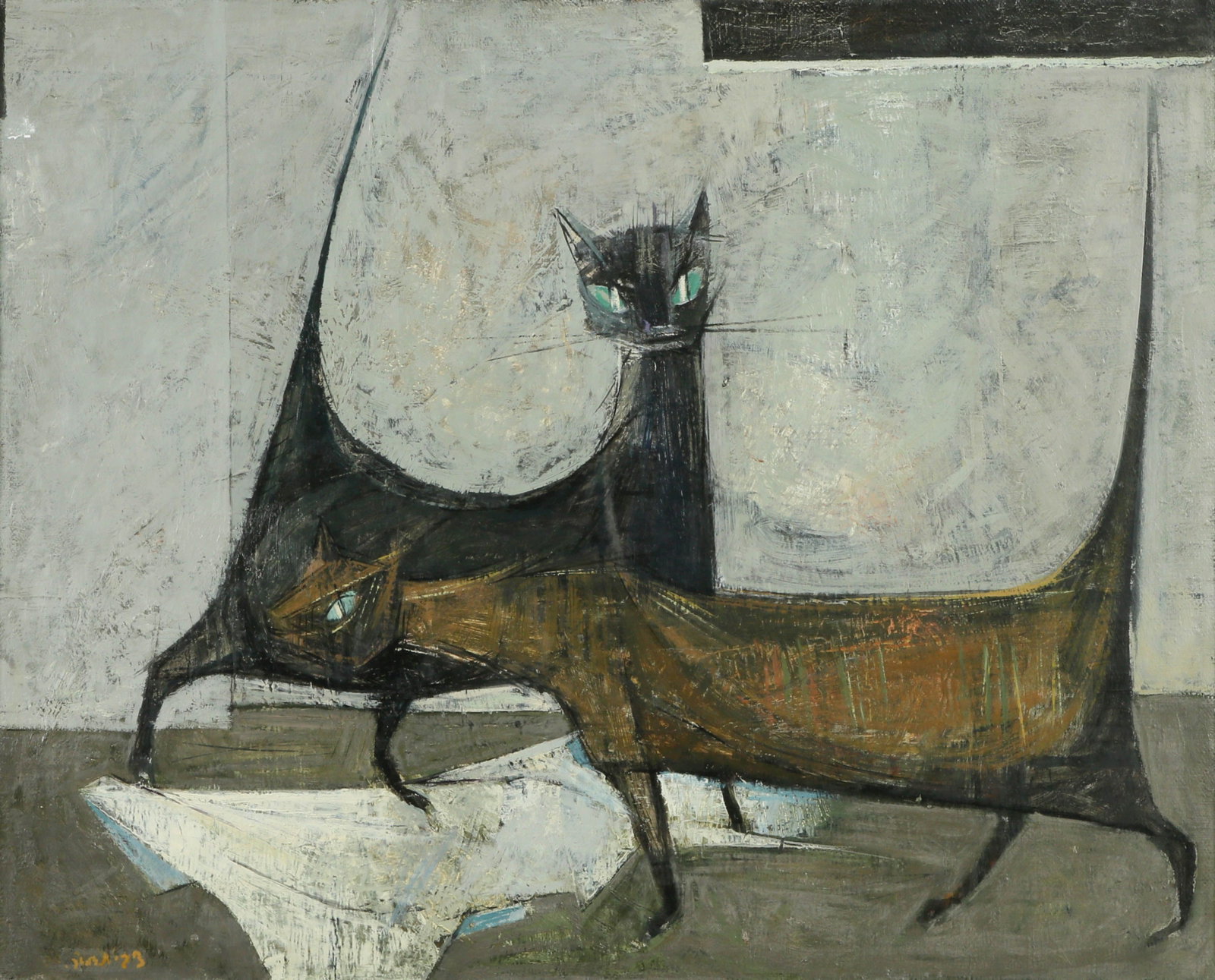 Zvi Tadmor: Cats, Oil on canvas, 65X80 cm. Signed.