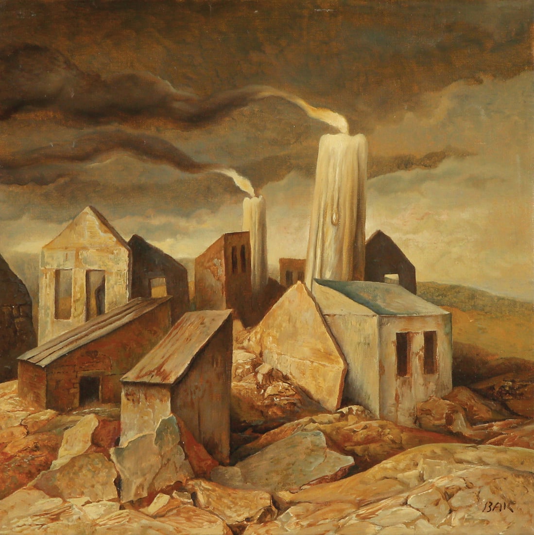 Samuel Bak: Dark Daylight, Oil on canvas, 24x24 cm. Signed. Titled on the reverse.
