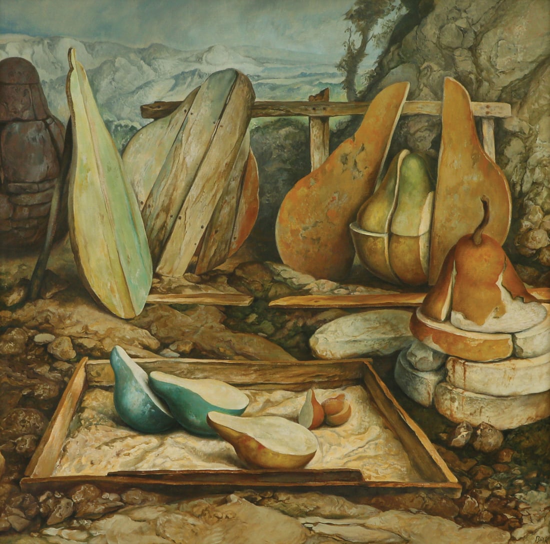 Samuel Bak: Pears in a Sandbox, Oil on canvas, 50x50 cm. Signed.